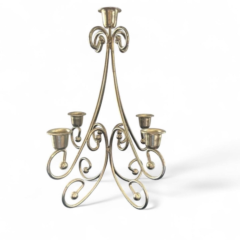 Vintage Brass Tone 5 Arm Scroll Candelabra Candle Holder Centerpiece 12” Decor